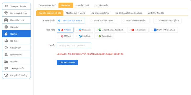 NẠP TIỀN 11 Nạp tiền Vz99 qua hình thức ví điện tử